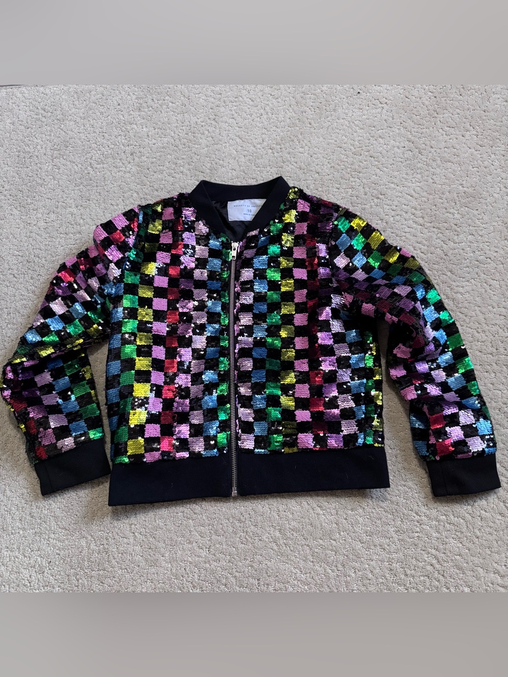 Rockets of Awesome Bomber Jacket Multi Color Rainbow Sequin Lined Size 10